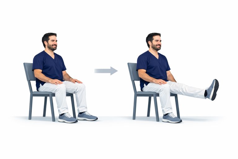 Kniestreckung im Sitzen: Bein wird aus der Beugung langsam gestreckt